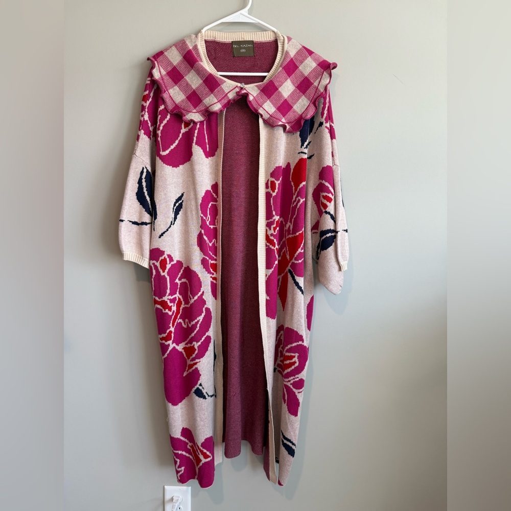 Anthropologie Bel Kazan Floral Gingham Removable Collared Duster Cardigan - Picture 8 of 15
